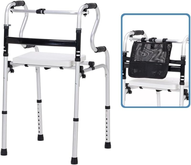 Photo 1 of Folding Walker with Seat and Storage Bag,Adjustable Height, 2-in-1 Fixed?Cross Walk Modes, Portable Aluminum Alloy,Walkers for Seniors, Disabled, Mobility-Impaired Users
