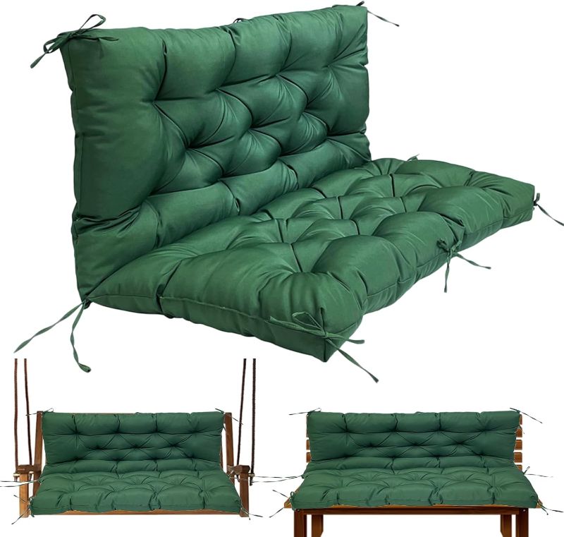 Photo 1 of Gollense Porch Swing Cushions, 3 Seat Outdoor Swing Cushion Replacement with Backrest, 60 x 40 Inches Bench Cushion with 8 Ties for Outdoor Furniture for Patio, Backyard, Garden, Dark Green