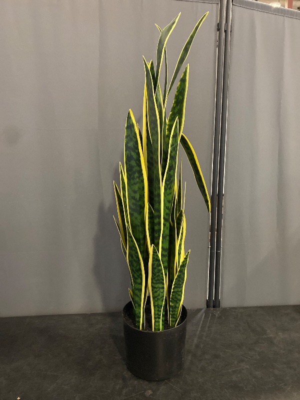 Photo 1 of KOL 3ft Artificial Snake Plant, Fake Sansevieria Potted Floor Plants, 32 Lifelike Faux Leaves, Indoor Home Office Room Decoration, Mother-in-Law Tongue, 35in, Yellow