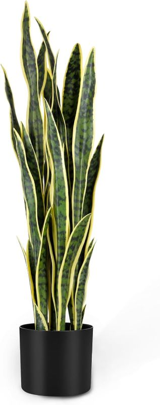 Photo 1 of KOL 3ft Artificial Snake Plant, Fake Sansevieria Potted Floor Plants, 32 Lifelike Faux Leaves, Indoor Home Office Room Decoration, Mother-in-Law Tongue, 35in, Yellow
