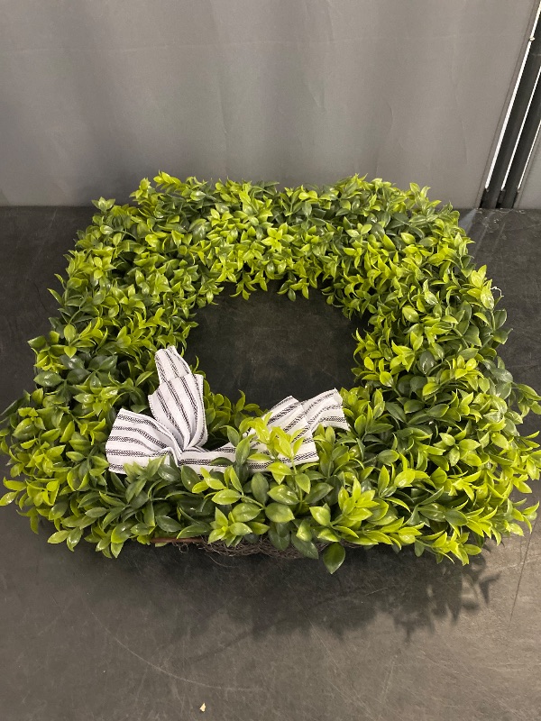 Photo 1 of 24" Faux Round Boxwood Wreath, Artificial Boxwood Wreath Front Door Wreaths Artificial Spring Summer Greenery Hanging with A Plaid Bow and sash for Front Door Wall Hanging Window Wedding Decor
