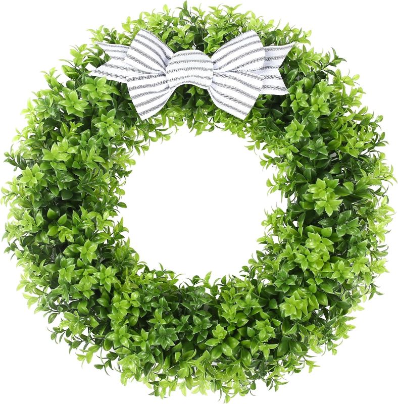 Photo 1 of 24" Faux Round Boxwood Wreath, Artificial Boxwood Wreath Front Door Wreaths Artificial Spring Summer Greenery Hanging with A Plaid Bow and sash for Front Door Wall Hanging Window Wedding Decor