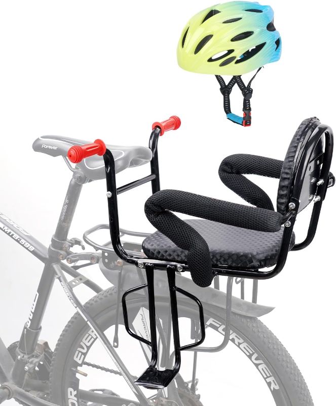 Photo 1 of Toddler Bike seat,Child Seat for Adult Bike, Rear Back Seat for Kids Back Mount, Seat for Kids Over 50 lbs, Rear Frame Mounted Baby Bike Seats Kids Safety with Kids' Helmet