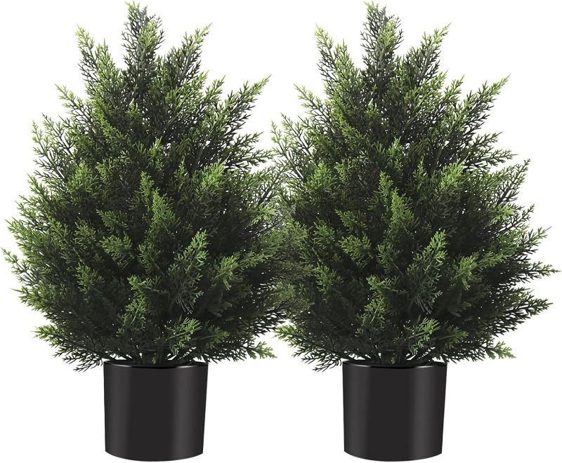 Photo 1 of 2FT Artificial Cedar Topiary Tree Lifelike Faux Cedar Pines Christmas Trees UV Rated Faux Shrubs Everygreen Plants for Front Porch Outdoor Decor Set of 2