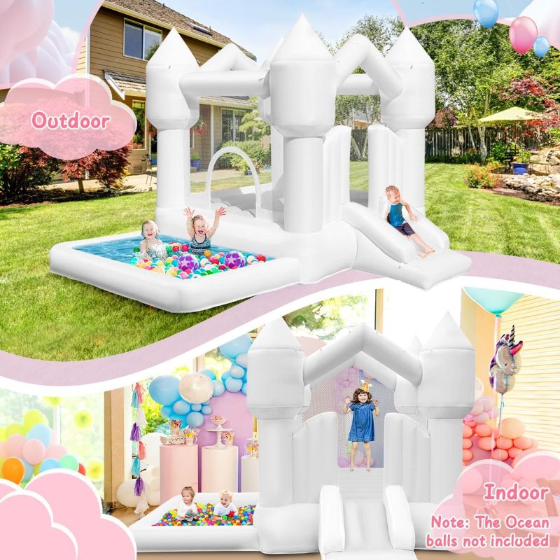 Photo 1 of Inflatable Bounce House for Kids, White Bounce House with Slide, Jumping Bouncy Castle for Kids Birthday Party, Wedding, Backyard Indoor/Outdoor White (with Blower)