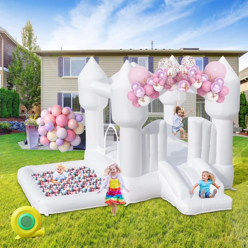 Photo 1 of Inflatable Bounce House for Kids, White Bounce House with Slide, Jumping Bouncy Castle for Kids Birthday Party, Wedding, Backyard Indoor/Outdoor White (with Blower)