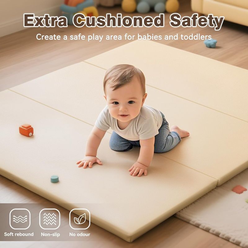 Photo 1 of oam Baby Play Mat: PU Leather Waterproof Kids Playmat - Trifold Floor Mat - Large Play Mat for Playpen Thick Pad Fodable Mattress Soft Toddler Mattress Infant Cushion for Preschool (Beige)