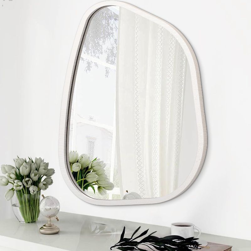 Photo 1 of Asymmetrical Mirror Small 16"x12" Irregular Wall Mirror Modern Wood Frame Unique Shape Wall Mounted Vanity Artistic Mirror Decorative for Living Room Bedroom Bathroom Entryway Hallway