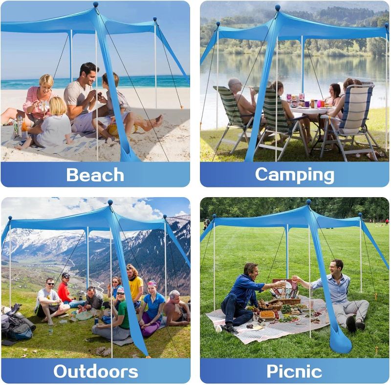 Photo 1 of Beach Canopy Beach Tent UPF50+ 11x11 FT Easy to Setup Extra Windproof Rope Sun Shelter Beach Shade Canopy with 4 Stability Poles Outdoor Shade for Beach Camping Family