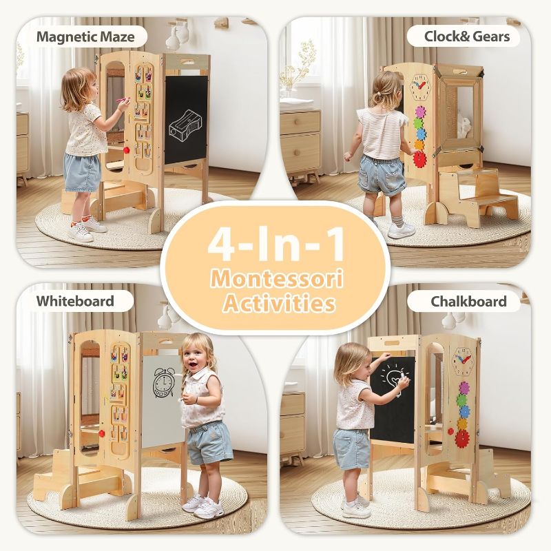 Photo 1 of Toddler Tower Foldable Toddler Kitchen Stool Helper with 2 Step Stool, Safety Net, Adjustable Height, Chalk-Whiteboard& Montessori Activity Games