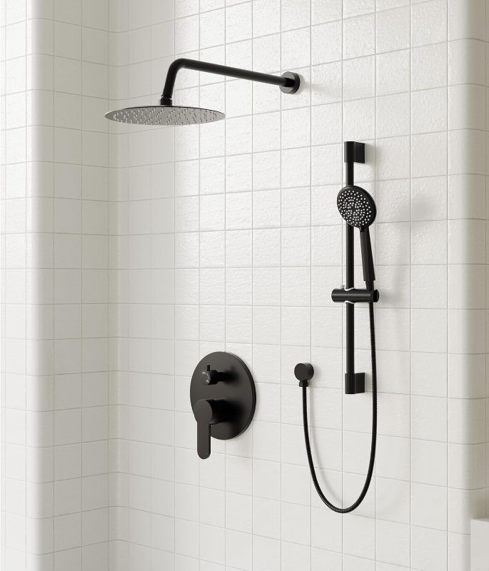 Photo 1 of Gabrylly Shower System Black, Wall Mounted Slide Bar Shower Faucet Set Complete,High Pressure 10" Rain Shower Head with 5-Setting Handheld Shower,Shower Combo Set with Shower Valve