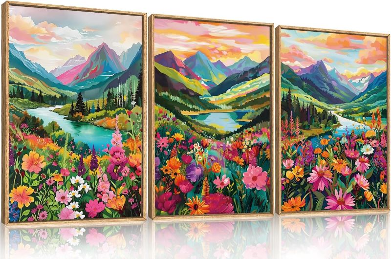 Photo 1 of Celestdeco Wildflower Blossom Framed Canvas Wall Art Set, Colorful Flowers Painting, Abstract Landscape Wall Decor, Natural Ridge Floral Art Print for Living Room, Dining Room, Office - 24"x36"x3