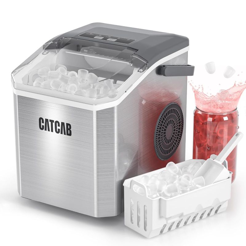 Photo 1 of Countertop Ice Maker Machine with Handle, 9 Ice Cubes in 6 Mins, 26.5Lbs/24H, 2 Sizes of Bullet Ice, Auto-Cleaning Portable Ice Machine for Home Kitchen Party RV Camping, Stainless Steel Silver