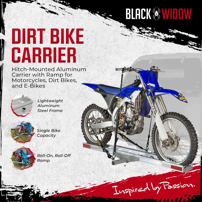 Photo 1 of Black Widow Motorcycle Hitch Carrier with Loading Ramp Lightweight Aluminum 400 lb. Capacity Anti-Rattle Included Fits 2" Receiver
