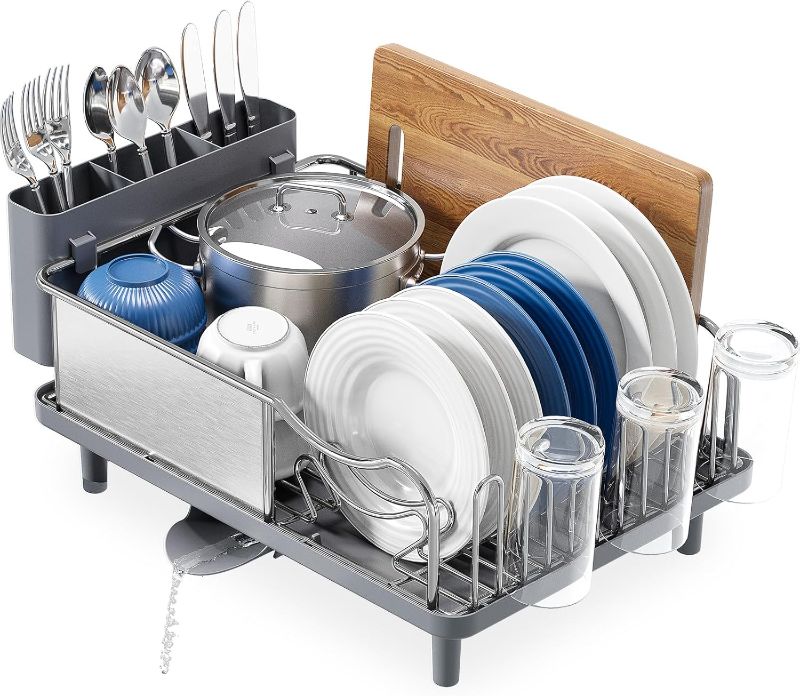 Photo 1 of Stainless Steel Dish Drying Rack - Large Capcity 304 Grade Dish Drainer for Kitchen Counter with Drain Board, Utensil Holder & Detachable Cup Shelf, Rustproof Multifunctional Organizer