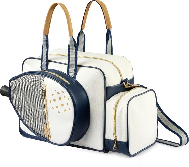 Photo 1 of Net & Style Pickleball Bag Women Stylish Tote Large Capacity Paddle Holder Shoe Compartment Elegant Lightweight Design Durable Zipper Pockets Fence Hook White Navy Court Gym Travel Organizer