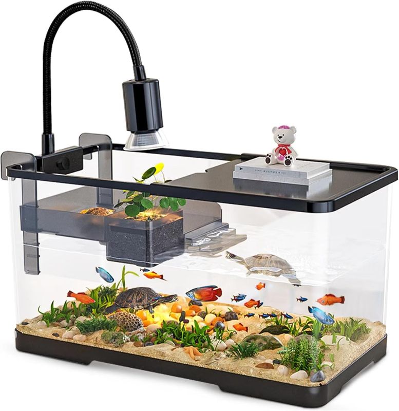 Photo 1 of (Tank + Light + Filter + Filter Balls) Turtle Tank Kit, Turtle Tank Starter Kit,Bottom Drainage, Multi-Function Areas for Turtles, Crabs,Fishes, Amphibians,Reptiles. (21.65 × 12.28 × 12.28 Inch)