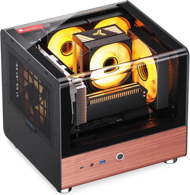 Photo 1 of JONSBO TK-0 Black ITX Mini Tower PC Case, Hyperboloid Glass Desktop Design,Separated Cabinet Structure, Al Alloy Shell DTX/ITX Walnut Wood Computer Case, Sff Case,Black