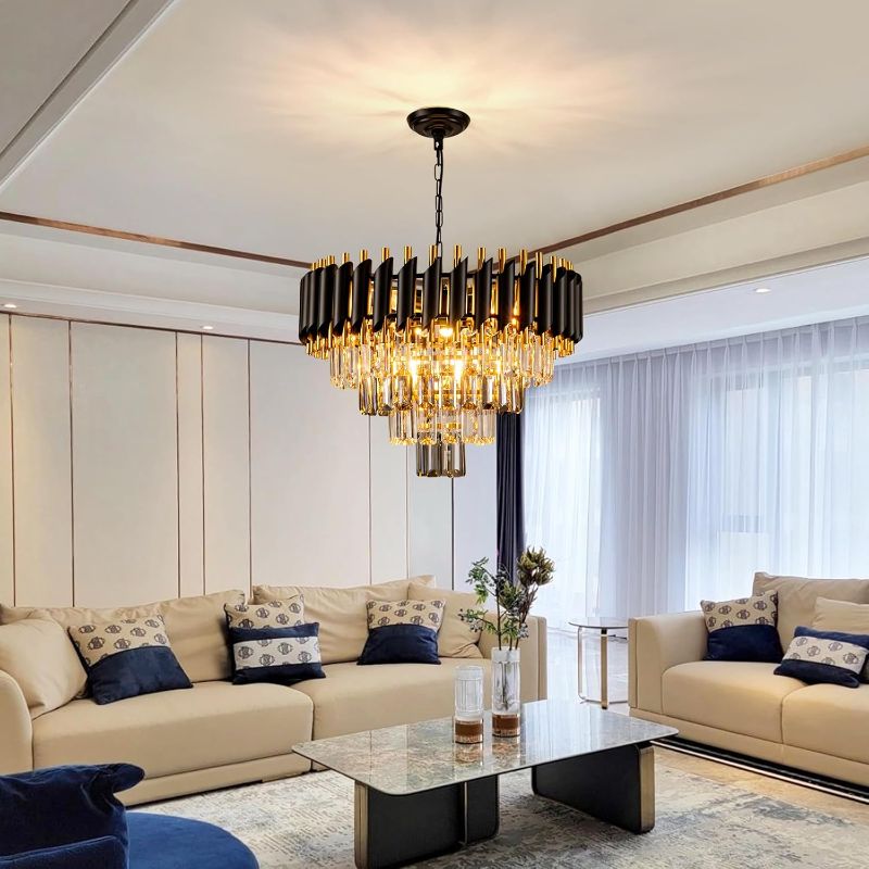 Photo 1 of 7-Light Modern Crystal Chandelier 20" Dining Room Light Fixtures 4 Tiers Flush Mount Smoke Grey and Gold Chandelier Round Chandeliers for Dining Room Living Room Kitchen Entryway Foyer