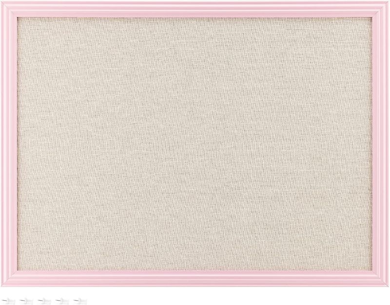 Photo 1 of Navaris Framed Linen Bulletin Board - 17 x 23 inches Fabric Jewelry Organizer Pinboard for Wall Memory Memo Pin Board - Natural Linen with Pink Frame