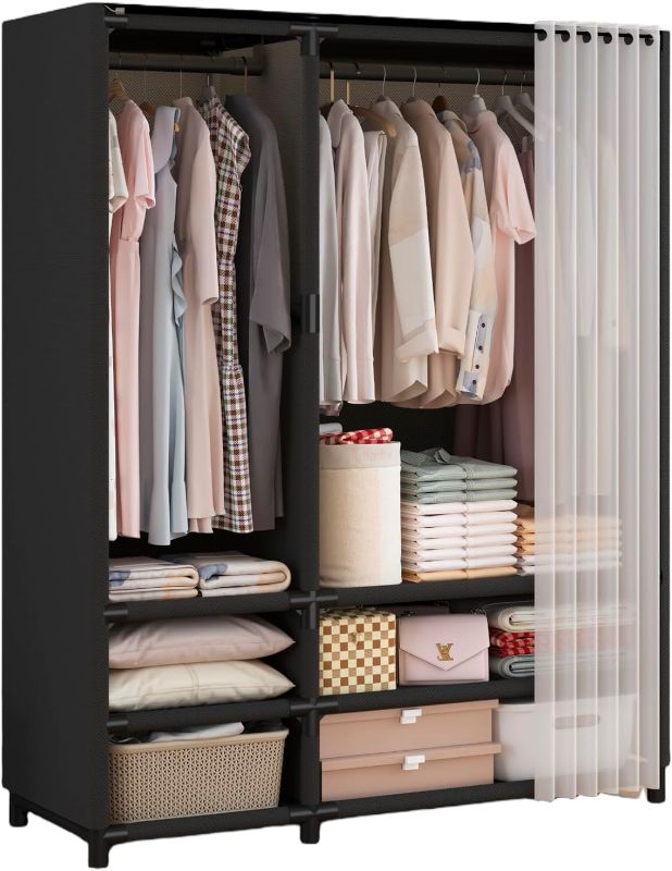 Photo 1 of Portable Closet,Wardrobe,Heavy Duty Clothes Rack with Cover,Japanese Style Garment Rack with 2 Hanging Rods,6 Storage Shelves,43.3" L x 17.7" W x 65.1" H,Black