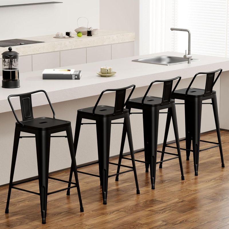 Photo 1 of Tongli Metal Bar Stools Set of 4 Barstools Counter Height Bar Stools with Back Industrial Matte Black Bar Stool Indoor Counter Stool Kitchen Island Stools Modern Bar Chair 24 inch