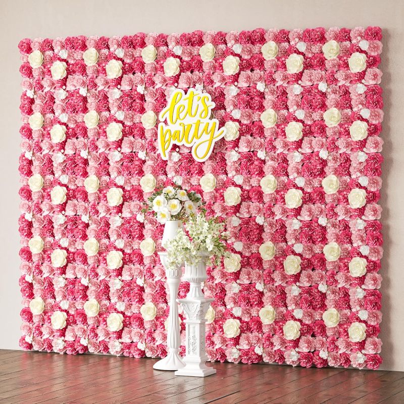 Photo 1 of COKAOBE Pink Flower Wall Panels Backdrop, 24PCS 15x15 Inch 3D Silk Rose Floral Wall, Artificial Flower Panels for Wedding, Party, Bridal Shower, Baby Shower, Home and Photo Backdrop Decoration
