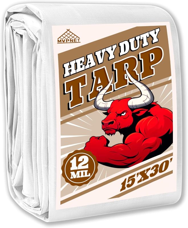 Photo 1 of Tarp 15x30 ft Heavy Duty 12mil 100% Waterproof High Durability Multipurpose,Uv Resistant,White Tarp Suitable for Swimming Pools, Boats, Camping, Courtyards, Etc -by MVPNET