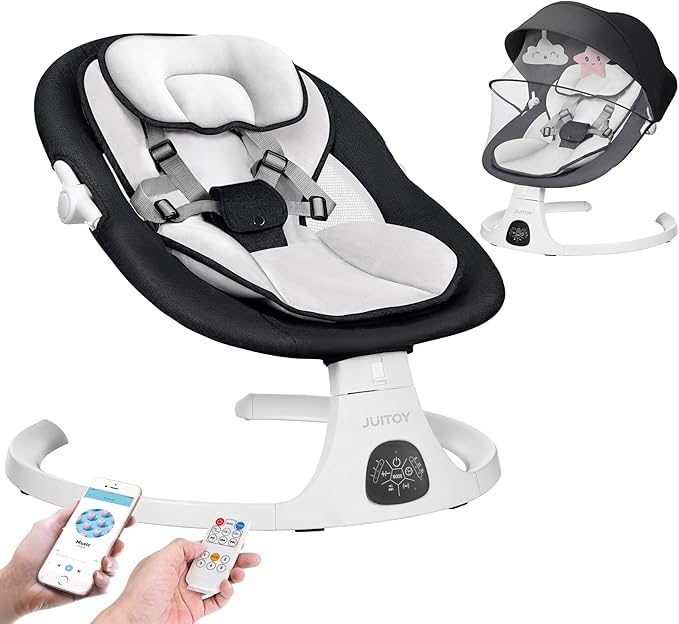 Photo 1 of Electric Baby Swings for Infants to Toddler Baby Swing with 5-Speed 3-Seat Positions 5-Point Carabiner,with Bluetooth Music 10-Preset Melodies (Black White)