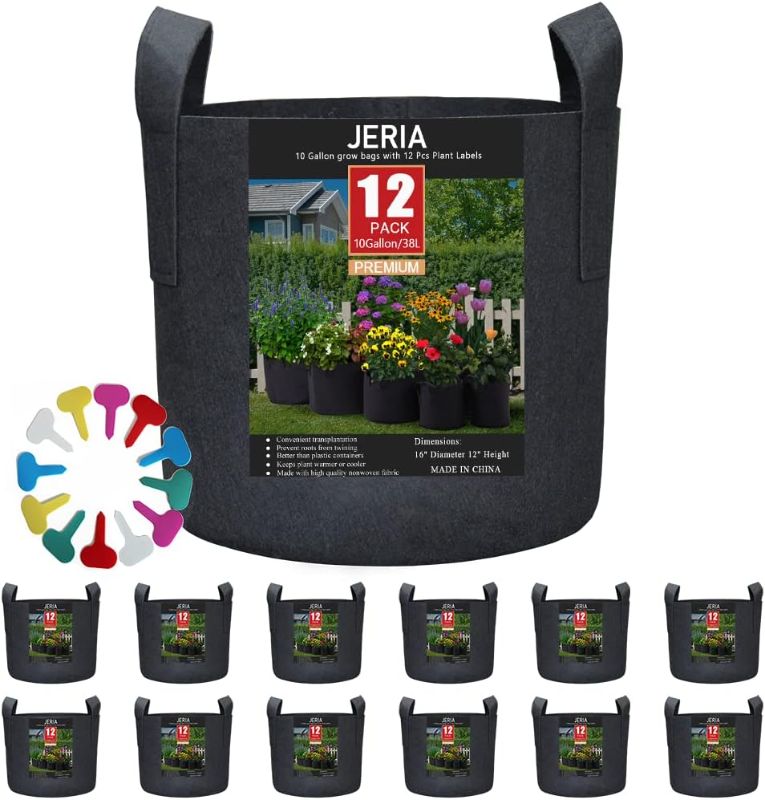 Photo 1 of JERIA 12-Pack 10 Gallon, Vegetable/Flower/Plant Grow Bags, Aeration Fabric Pots with Handles (Black), Come with 12 Pcs Plant Labels