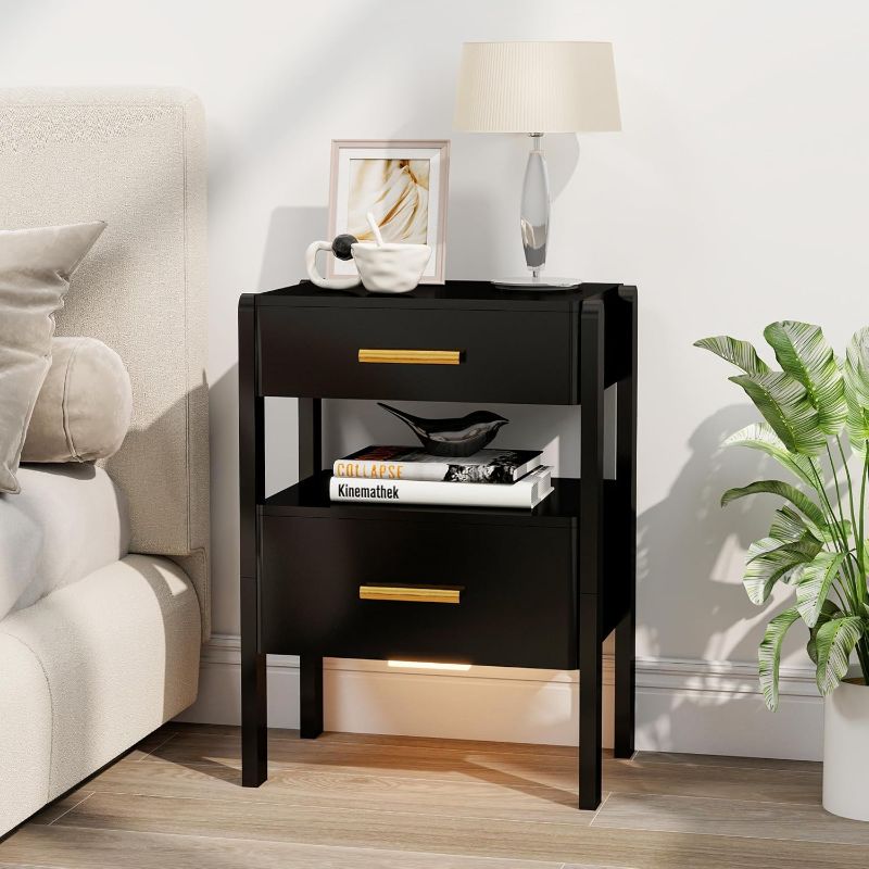 Photo 1 of Nightstand with 2 Drawers and Open Shelf Wood Bedside Table Gold Handles Storage Night Stand with Light for Bedroom, Black