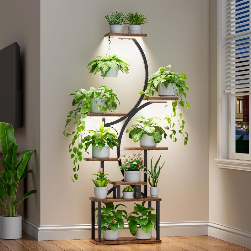 Photo 1 of Plant Stand Indoor with Grow Lights - 62" Tall Plant Shelf, Lighted Corner Plant Stands for Indoor Growing, 8 Tiered Large Flower Holder, S-Shaped Decorative Rack for Living Room, Black, Patent Design