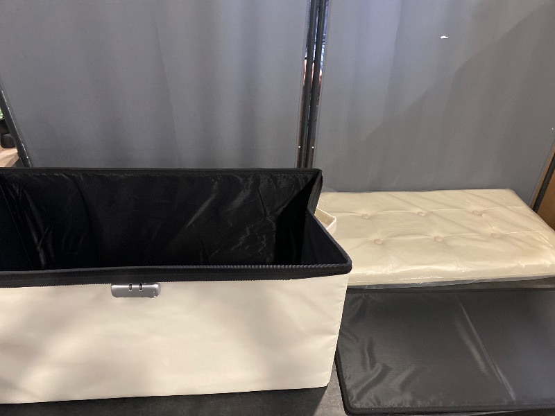 Photo 1 of DocSafe Storage Ottoman Bench with Lock,Fireproof 30 Inches Folding Bench Foot Rest Stool Storage Chest Safe for Living Room,Bedroom,Home Office,Waterproof Leather Ottoman with Handles,Beige