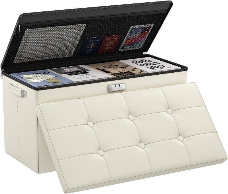 Photo 1 of DocSafe Storage Ottoman Bench with Lock,Fireproof 30 Inches Folding Bench Foot Rest Stool Storage Chest Safe for Living Room,Bedroom,Home Office,Waterproof Leather Ottoman with Handles,Beige