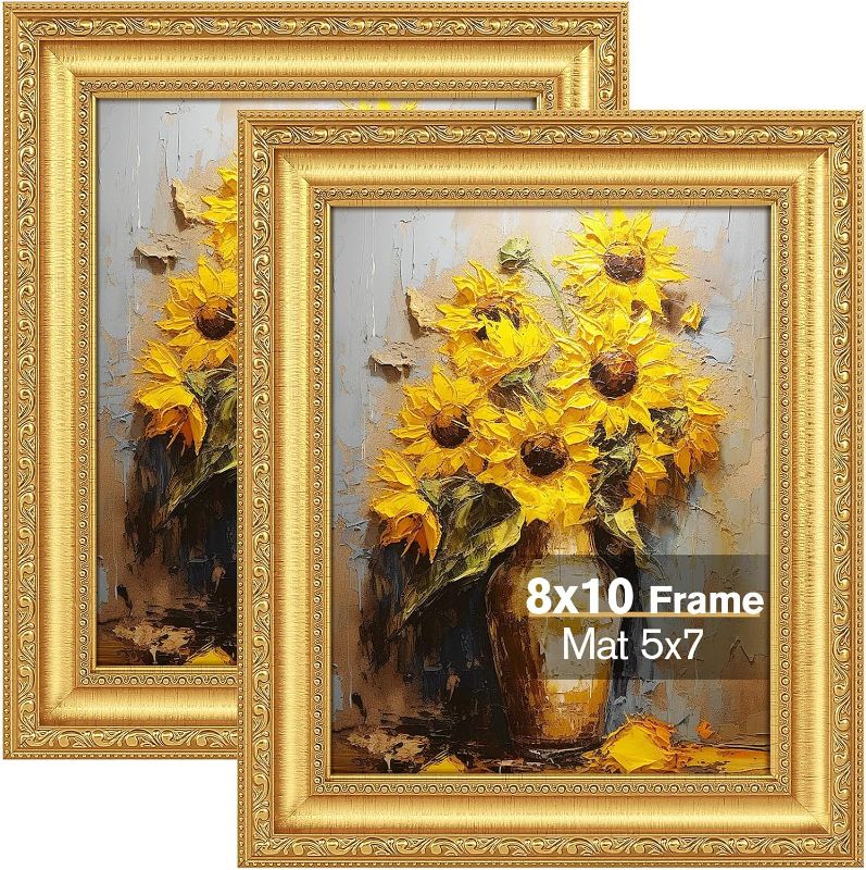 Photo 1 of 8x10 Gold Picture Frame Set of 2, Ornate Vintage 8 x 10 Photo Frame for Wall Decor or Tabletop Display, 8x10 Gold Frames with Real Glass, Display 5x7 Pictures with Mat or 8x 10 without Mat for Antique Déco