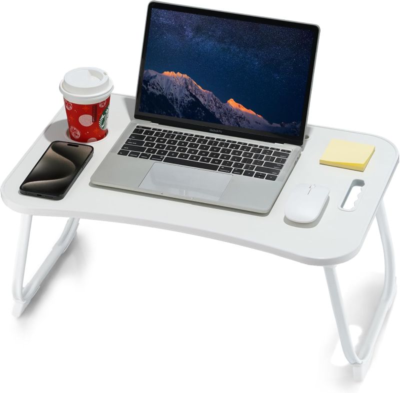 Photo 1 of Laptop Bed Desk, Foldable Lap Table, Portable Study Table, Laptop Stand with Cup Holder & Tablet Slot & Lifting Handle for Working Writing Drawing & Eating - White