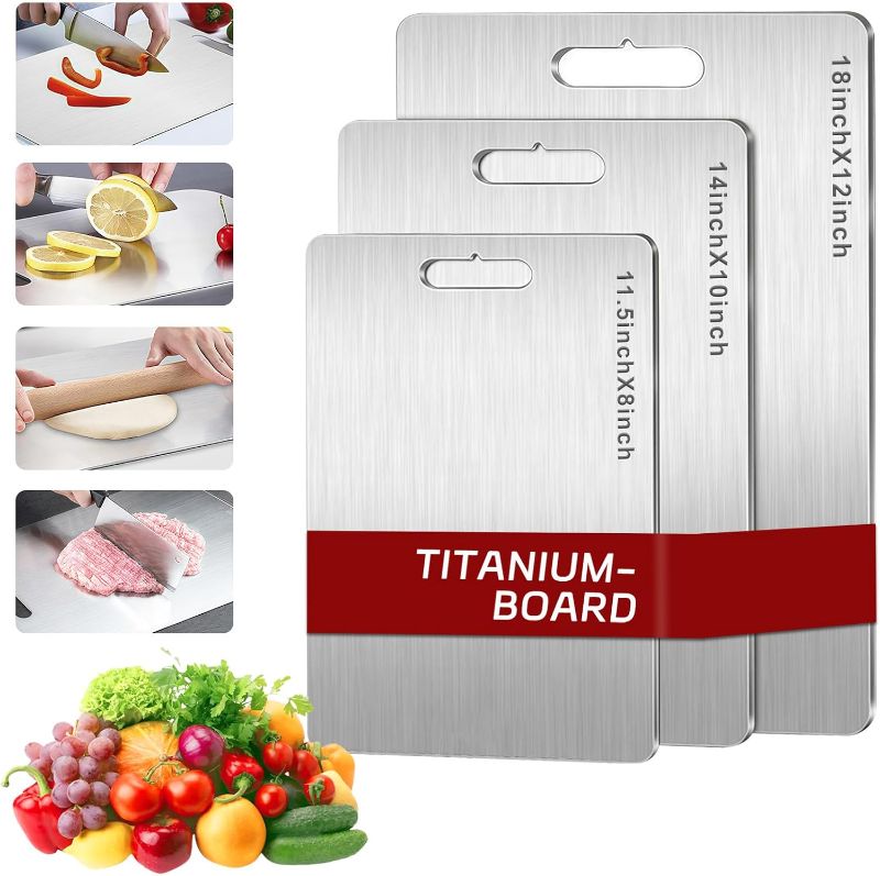 Photo 1 of Titanium Cutting Board Set of 2, 2Pcs Stainless Steel Cutting Board, Double Sided Food Grade Non Stick Chopping Cutting Boards for Meat Fruit Vegetable ((18L*12W) +(14L*10W)