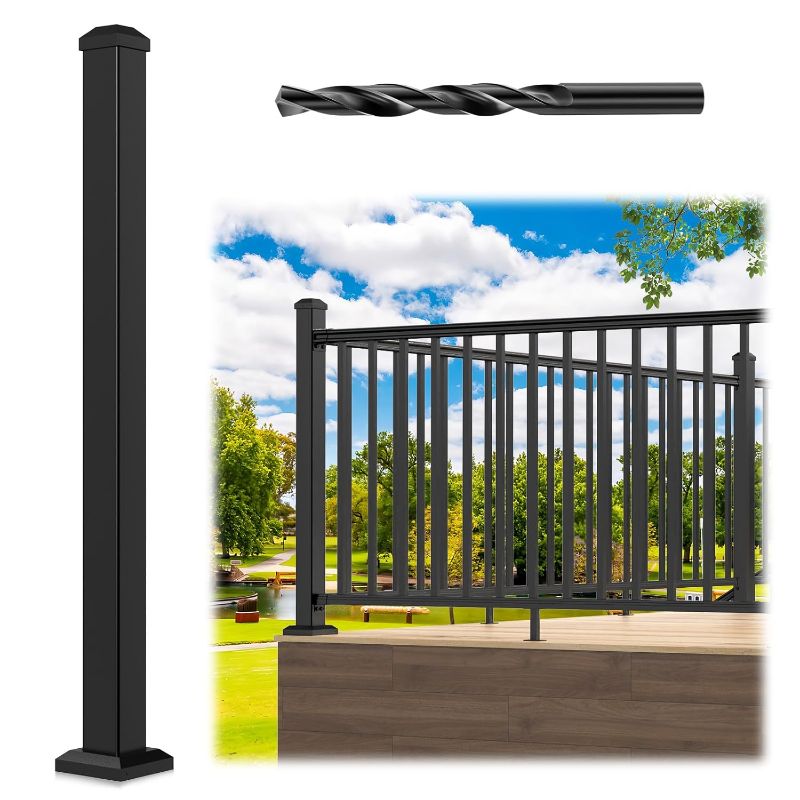 Photo 1 of 2.56 in. x 2.56 in. x 39 in. Aluminum Railing Post with Screws & Drill, Porch and Deck Railing Post, Black Textured Powder-Coat Finish Stair Post for Decks, Porches & Balconies (1x39 Post)