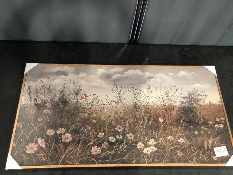 Photo 1 of SHENIFY Vintage Landscape Framed Wall Art Meadow with Flowers Farmhouse Decor Retro Wildflower Field Scenery Painting for Hallway Bedroom Living Room Dining Room - 20x40in Natural Framed