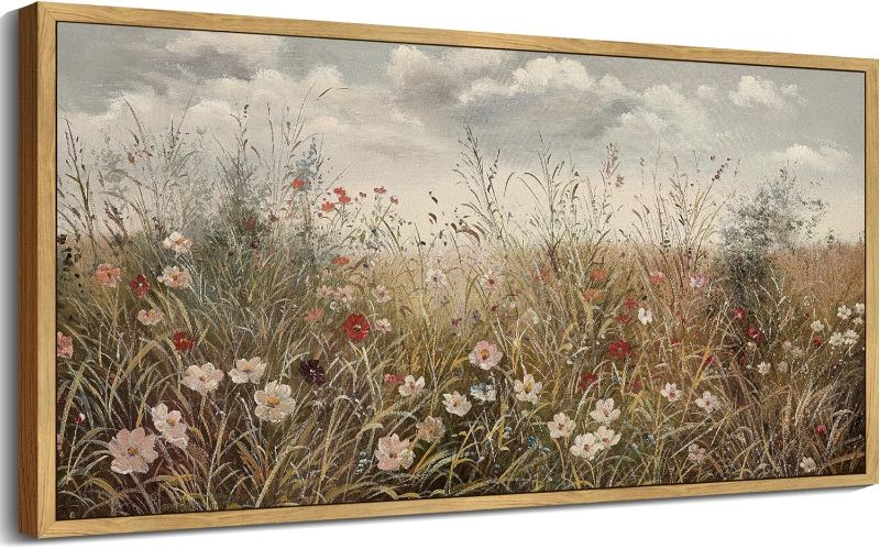 Photo 1 of SHENIFY Vintage Landscape Framed Wall Art Meadow with Flowers Farmhouse Decor Retro Wildflower Field Scenery Painting for Hallway Bedroom Living Room Dining Room - 20x40in Natural Framed