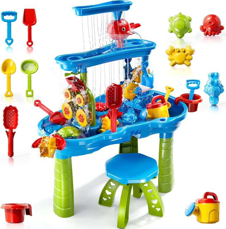 Photo 1 of 3-Tier Kids Water Table for Toddlers Kids Ages 3-5 4-8, Summer Outdoor Water Table Beach Kids Toys, Toddler Sensory Activity Sand Box Play Set with Rain Showers Splash Pond for Boys Girls