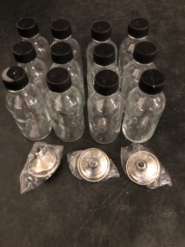 Photo 1 of 12 Pack, 2 oz Small Clear Glass Bottles w/Lid & 3 Funnels - 60ml Boston Shot Bottles for Health, Immunity, Potion, Wellness, Sample, Ginger, Juice - Mini Personal Care & Beauty Travel Bottle