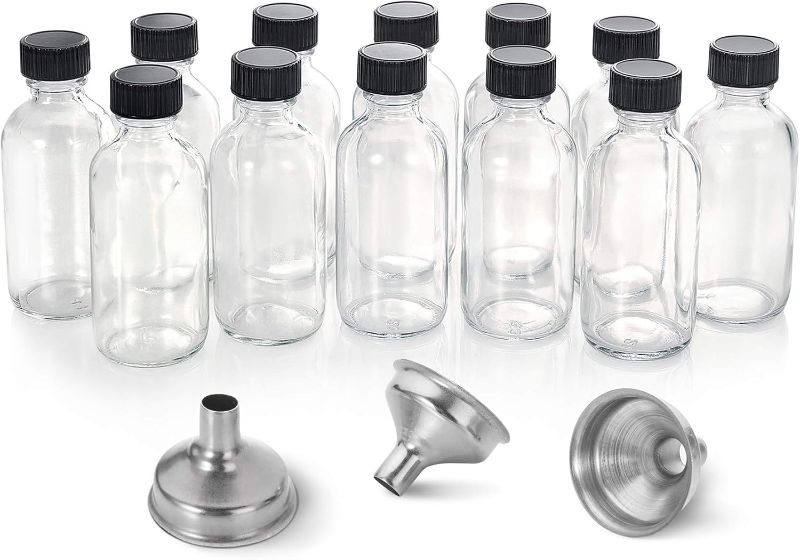 Photo 1 of 12 Pack, 2 oz Small Clear Glass Bottles w/Lid & 3 Funnels - 60ml Boston Shot Bottles for Health, Immunity, Potion, Wellness, Sample, Ginger, Juice - Mini Personal Care & Beauty Travel Bottle