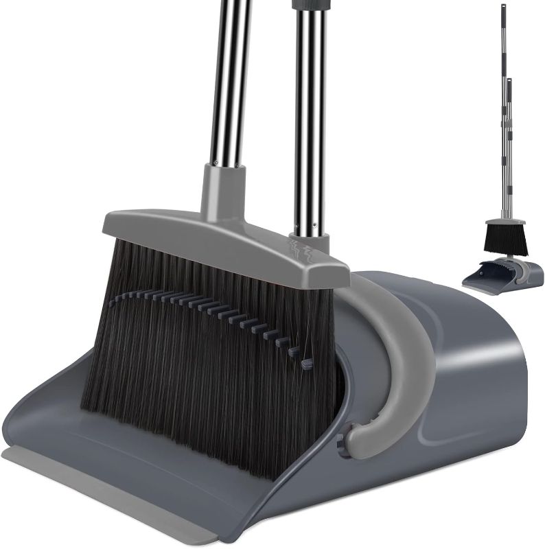 Photo 1 of Broom and Dustpan Set, Dust pan with Long Handle, Broom with Dustpan Combo Set, Broom and Dustpan for Home, Indoor or Outdoor Cleaning Tool (Deep Gray&Light Gray)