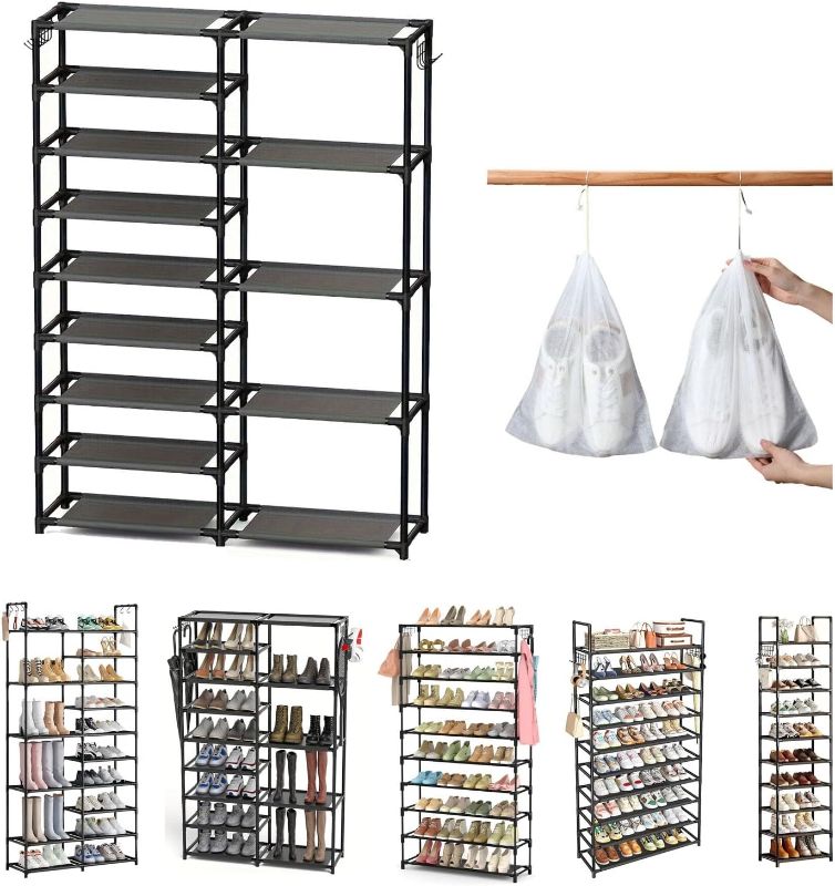 Photo 1 of Shoe Rack, 10 Tier Shoe Storage Organizer Fit 20-45 Pairs, Metal Free Standing Shoe Shelf with Side Hooks and 10 Shoe Covers, Tower Organizer Black Non-Woven Shelves(35.4 * 11 * 56.7 in(9-5 Tiers))