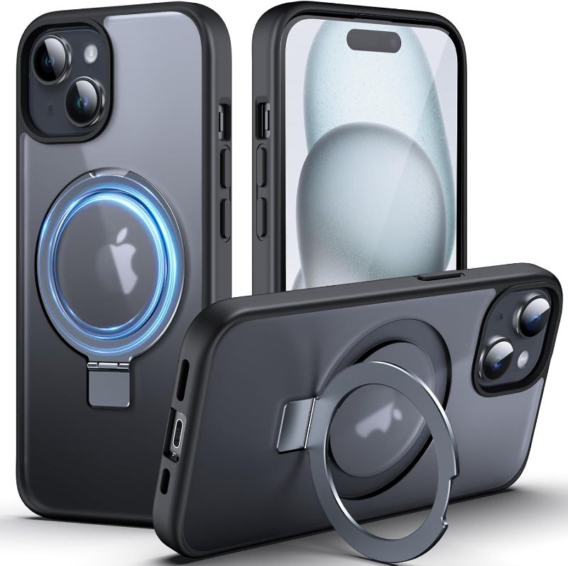 Photo 1 of DASFOND Mag-Stand Designed for iPhone 15 Case, 2023 Upgraded [All-in-1] [Compatible with MagSafe] Invisible Ring Kickstand Transparent Matte Phone Case Cover for iPhone 15 6.1 inch, Black