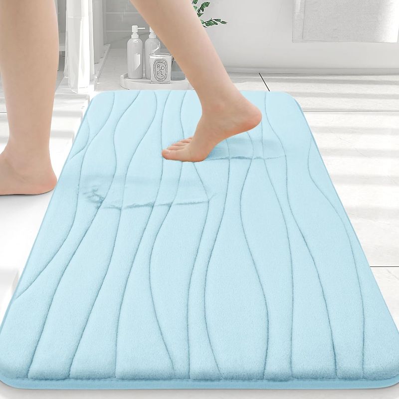 Photo 1 of Buganda Memory Foam Bathroom Rug Mat 24x16, Extra Soft and Absorbent Bath Mats, Non-Slip and Machine Washable Bath Rugs for Bathroom Floor,Tub and Shower, Sky Blue