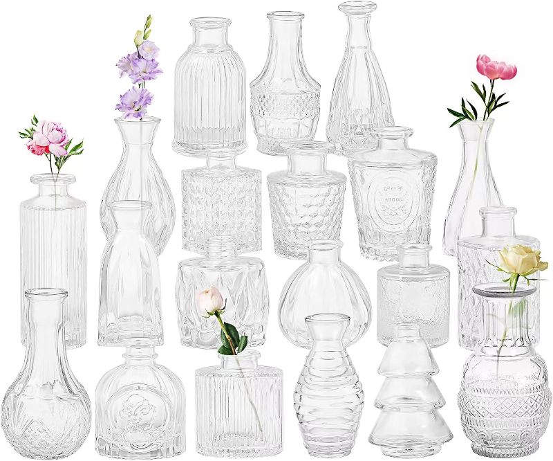 Photo 1 of Set of 20 Glass Bud Vases,Small Clear Vases,Wedding Centerpiece Table Decorations,Clear Vintage Embossed Mini Vases,Flower Arrangements in for Party or Home Decor