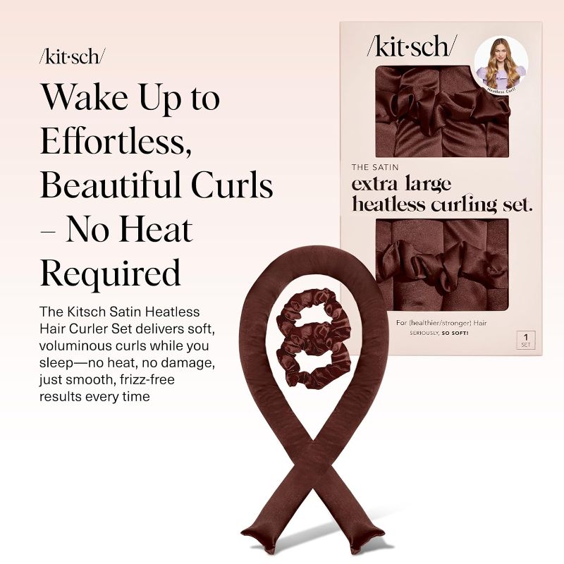 Photo 1 of Kitsch XL Satin Heatless Curling Set – Heatless Hair Curler for Women, Hair Curler to Sleep In - with 2 Satin Scrunchies for Overnight Curls – No Heat Damage Styling with Heatless Curler - Chocolate