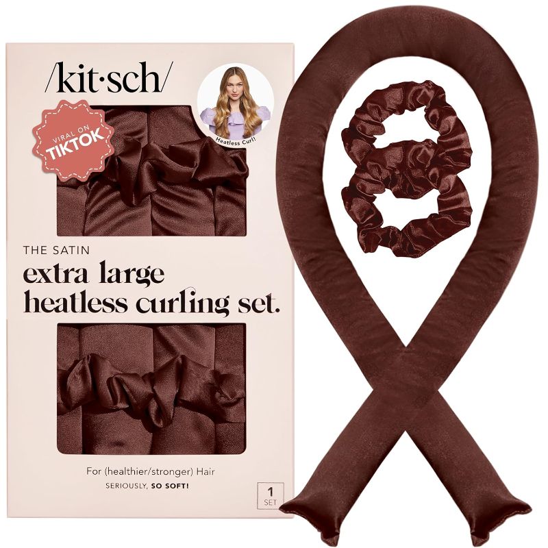 Photo 1 of Kitsch XL Satin Heatless Curling Set – Heatless Hair Curler for Women, Hair Curler to Sleep In - with 2 Satin Scrunchies for Overnight Curls – No Heat Damage Styling with Heatless Curler - Chocolate